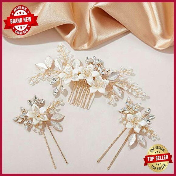 Handmade Wedding Hair Comb Set with Crystal Flowers and Gold Leaves